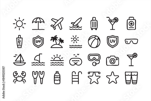 Beach and holiday line icons for travel essentials ocean activities snorkeling and relaxation