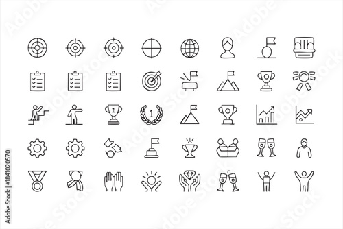 Goal and success line icons for achievement rewards motivation progress and performance