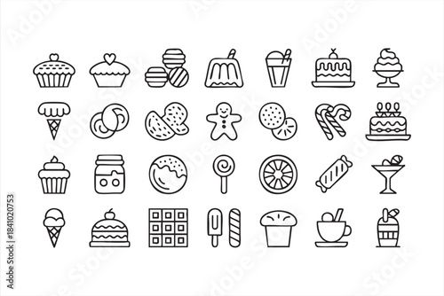 Dessert and bakery icon set for sweets candy pastries treats and cafe menu graphics