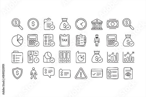 Accounting and tax outline icons for finance dashboards charts receipts and business tasks