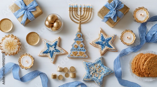 Hanukkah cookies shaped like stars and menorah with blue ribbon gifts and candles on white festive background