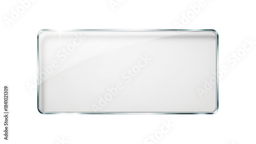 Sleek rectangular glossy white glass banner with rounded corners and metallic silver border perfect for digital design elements on transparent background