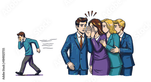A distressed man walks away from a group of whispering colleagues, illustrating the painful impact of workplace gossip and social exclusion.