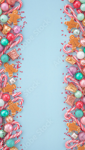Festive border of gingerbread men, candy canes, and bright ornaments on soft blue. Perfect for holiday stories, mobile wallpapers, and greetings, surrounding a central blank area. copy space