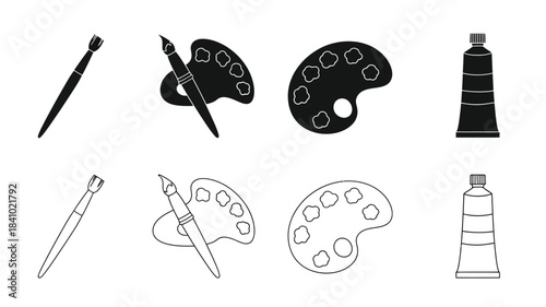 Art supplies brushes paint palettes and tubes in black and white