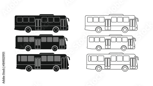 Four bus outlines black and white variations side views transportation icon
