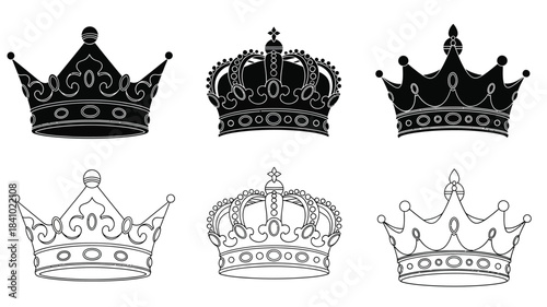 An assortment of black and white royal crowns in a simple vector design