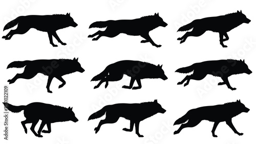 Silhouette sequence depicting a wolf running through various stages of motion