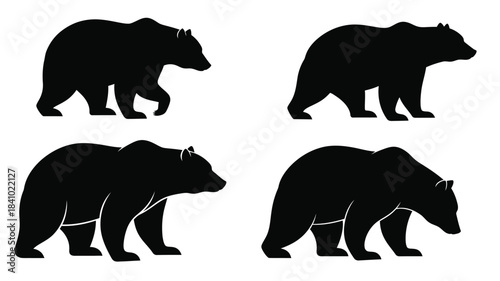 Four black silhouettes of bears in various walking poses depicted in the image