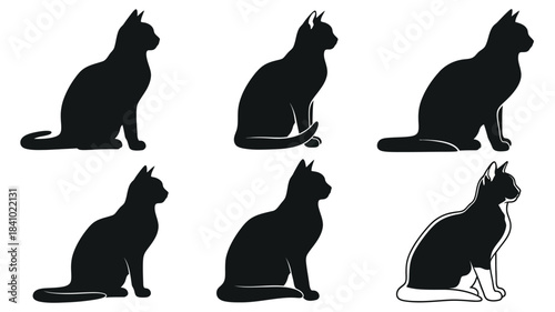 Silhouettes of cats in various seated and alert poses black and white