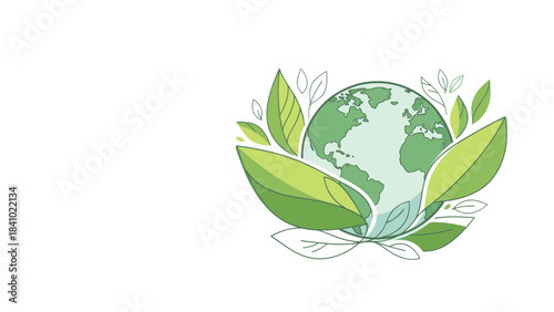 Vector illustration of a green earth surrounded by leaves, symbolizing environmental sustainability and nature conservation