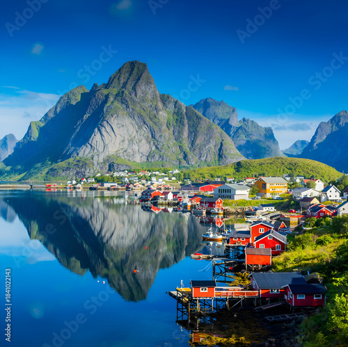 Foto Scenic view of Reine village in Lofoten Islands, Norway, with traditional red rorbu houses reflecting in the calm fjord against majestic mountains under a clear blue sky
