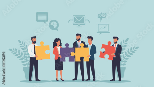 Business team connecting puzzle pieces as a team-building vector illustration