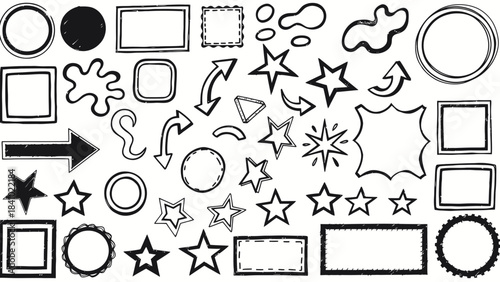 Hand-drawn vector elements for design abstract shapes, stars, arrows, and frames