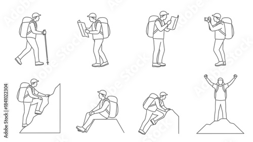Line art illustration depicting hikers in various poses and mountain settings