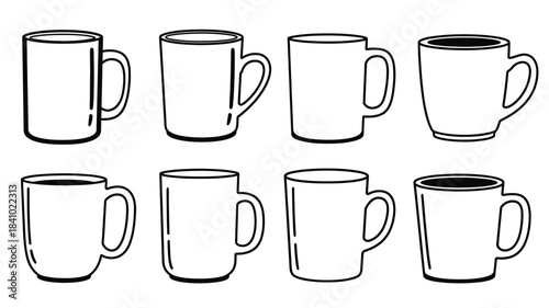 Black and white illustration of a set of empty and full coffee mugs