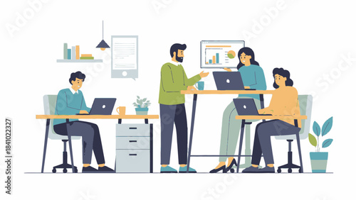 Modern office workspace vector illustration with people collaborating and working on laptops