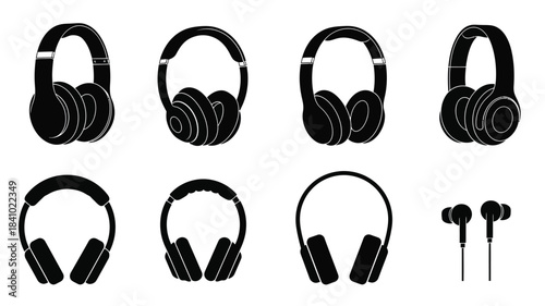 Black and white illustration of various headphone and earbud designs