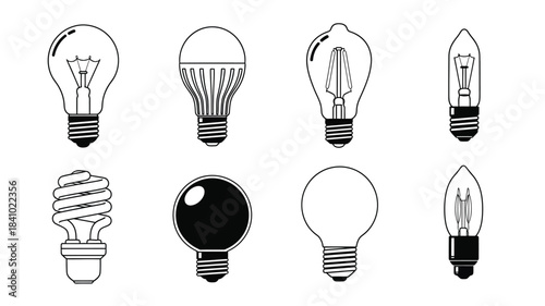 A collection of various light bulb designs in a simple black and white style