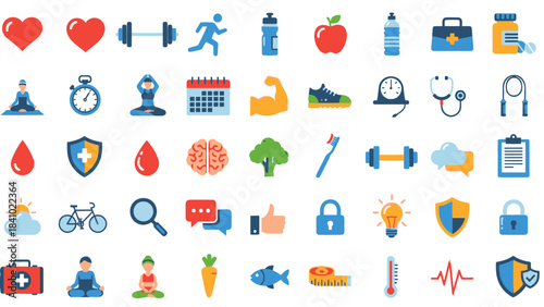 Vibrant vector collection of essential health, fitness, and medical icons, meticulously designed as digital asset components for diverse wellness and active lifestyle applications