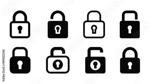 Collection of black padlock icons in various styles and designs