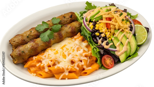Grilled Kebab with Cilantro, Cheesy Penne Pasta, and Fresh Black Bean Corn Avocado Salad Product Shot isolated PNG with Transparent Background