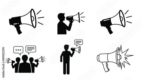 Black and white illustrations depicting megaphones speakers and communication concepts