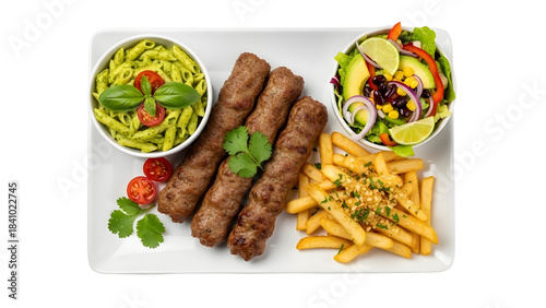 Kofta Kebab Product Shot with Golden French Fries, Green Pasta, and Fresh Salad Meal isolated PNG with Transparent Background