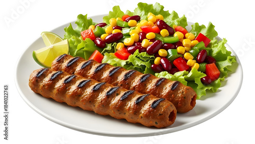 Grilled Sausages with Fresh Mixed Bean Salad and Lime Product Shot isolated PNG with Transparent Background