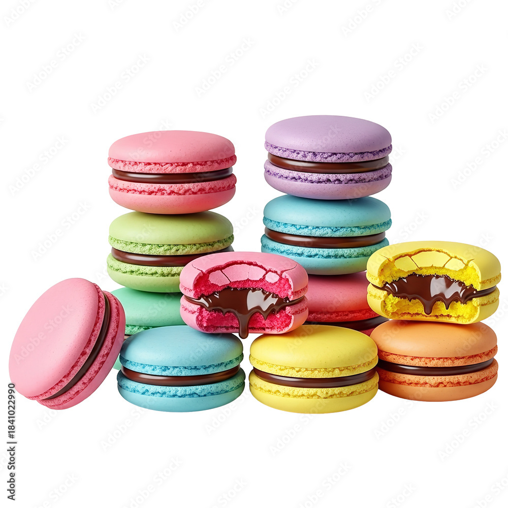 Obraz premium Vibrant assortment of colorful French macarons filled with rich dark chocolate ganache stacked and displayed against a stark for a decadent dessert presentation on transparent background