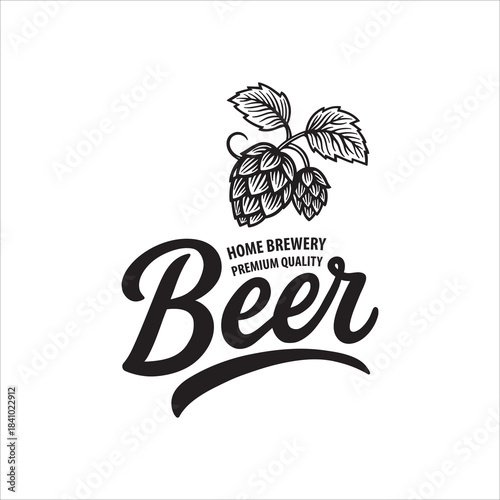 Vintage beer design featuring bold script lettering and detailed hop cones. Classic emblem for brewing and bar themes. Ideal for beer labels, brewery logos, and packaging. Part of set