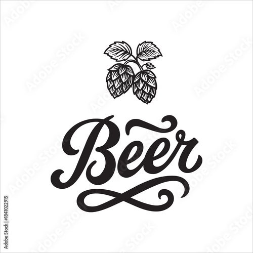 Vintage beer design featuring bold script lettering and detailed hop cones. Classic emblem for brewing and bar themes. Ideal for beer labels, brewery logos, and packaging. Part of set