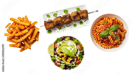 Collection of Isolated Food Product Shots: Crinkle Fries, Grilled Skewers, Pasta, and Southwestern Salad isolated PNG with Transparent Background