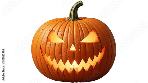 Glowing carved jack o lantern pumpkin with a burning candle inside sits menacingly against a stark perfect for spooky holiday designs on transparent background