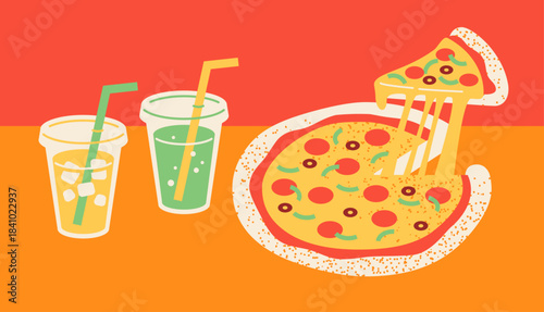 Illustration of pizza and drinks