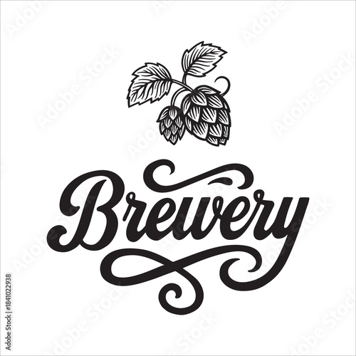 Vintage brewery design with bold script lettering and detailed hop cones. Classic emblem for beer and brewing themes. Ideal for brewery labels, logos, and packaging designs.