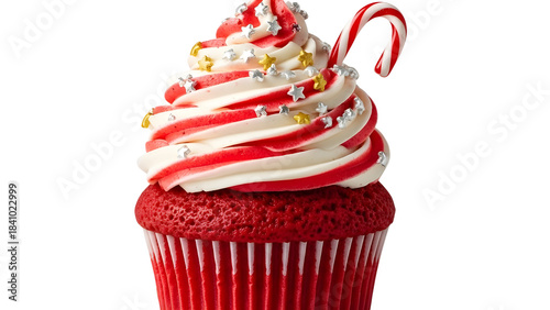 Festive Red Velvet Cupcake with Swirled Frosting, Star Sprinkles, and Candy Cane isolated PNG with Transparent Background