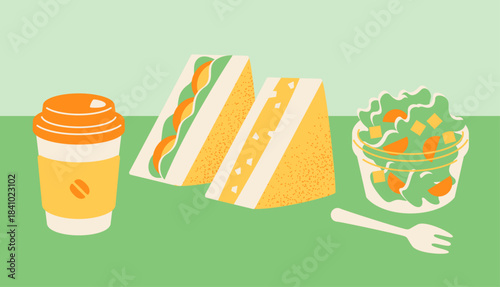 Coffee, sandwich, and salad