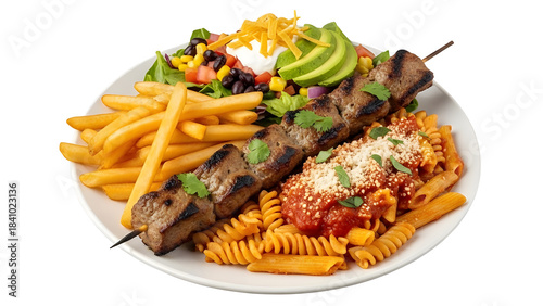Grilled Meat Skewer Meal with French Fries, Pasta, and Fresh Side Salad Product Shot isolated PNG with Transparent Background