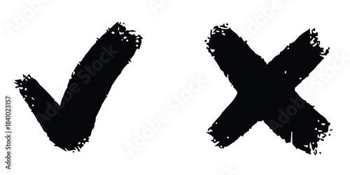 check mark, cross mark, x mark, correct, incorrect, yes, no, true, false, wrong, right, symbol, icon, graphic, design, brush stroke, hand drawn, grunge, rough, textured, black, white, isolated, simple