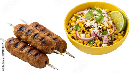 Grilled Minced Meat Kebabs on Skewers and Elote Mexican Street Corn Salad with Lime. Product Shot. isolated PNG with Transparent Background