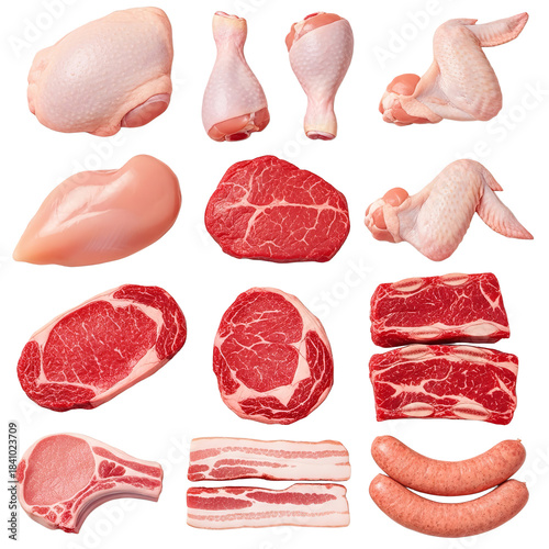 Assortment of raw fresh butcher cuts including beef steaks chicken pieces bacon strips pork chops and sausages for food industry on transparent background