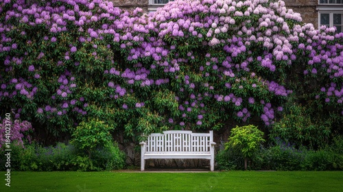 White bench sits before a wall covered in blooming purple rhododendrons.