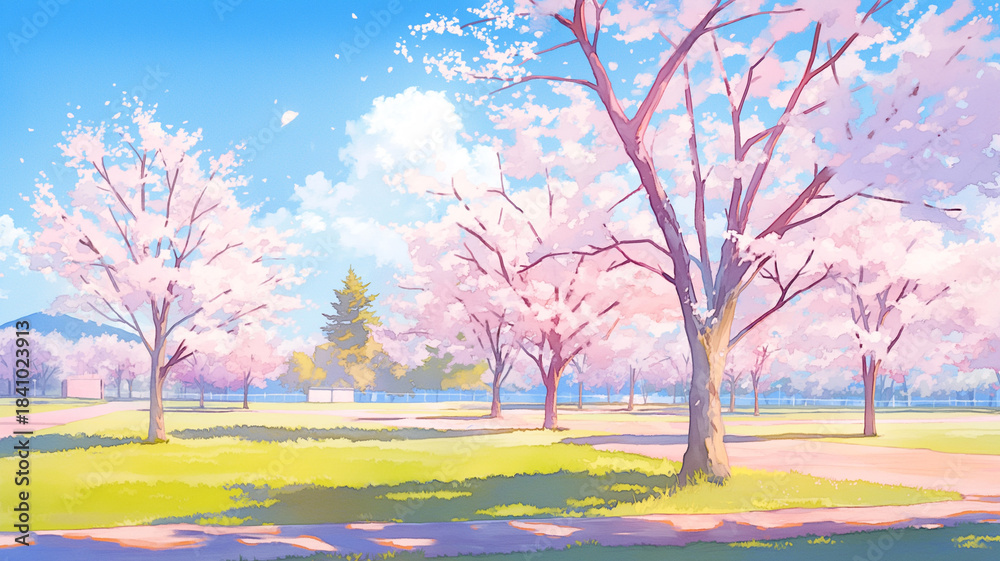 Naklejka premium 広がる青空の下、柔らかな光を受けて咲く桜と緑の芝生が織りなす春の公園風景を、Gペンと丸ペンで繊細に描いた手描き風イラスト。癒しと静けさを感じる一枚