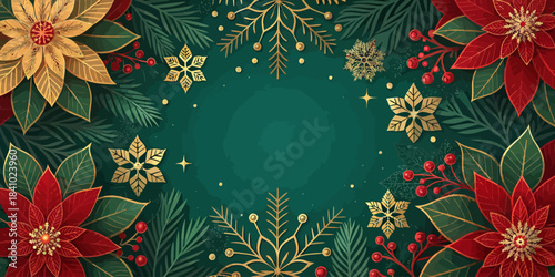 Christmas Luxurious and highly ornate Christmas vector illustration, combining rich gold accents with deep jewel tones and intricate patterns.