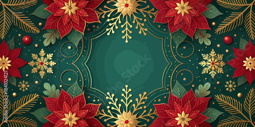 Christmas Highly ornate Christmas vector using rich gold and deep jewel tones, featuring intricate snowflake and filigree details.