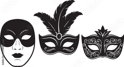 Collection of three ornate and simple masquerade masks in black and white