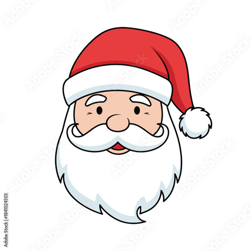 Illustration of Santa Claus face with red hat and white beard.