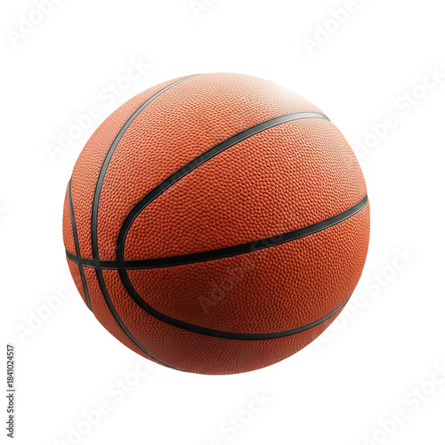 Detailed close up of a textured orange basketball with black seams against a stark highlighting the sport equipment texture and shape on transparent background