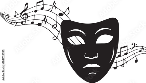 Black theater mask with flowing musical notes on white background